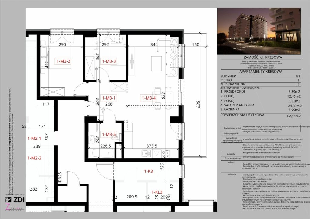 Mieszkanie nr 3 - powierzchnia 62 m2